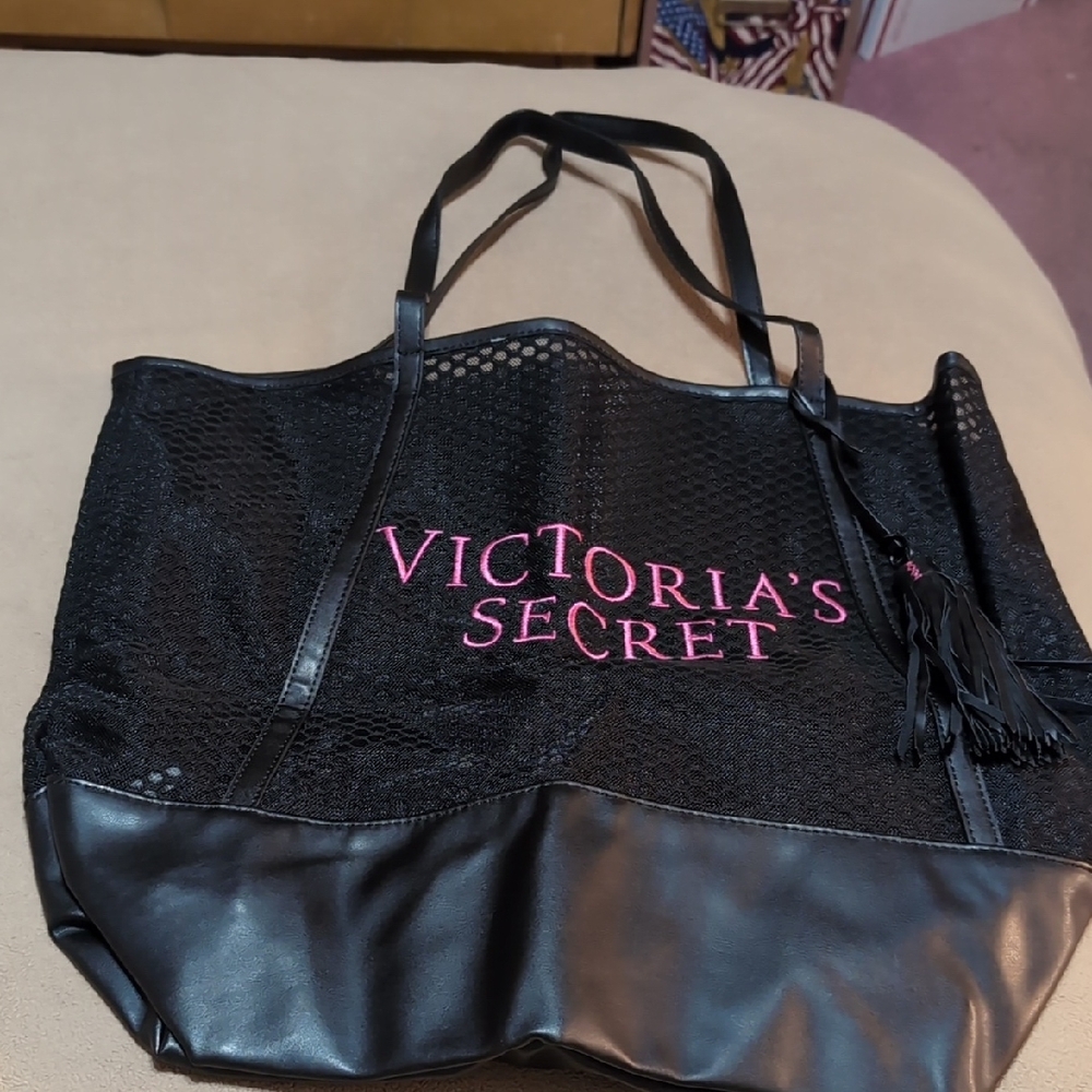Victoria's Secret Black Mesh and Leather Tote